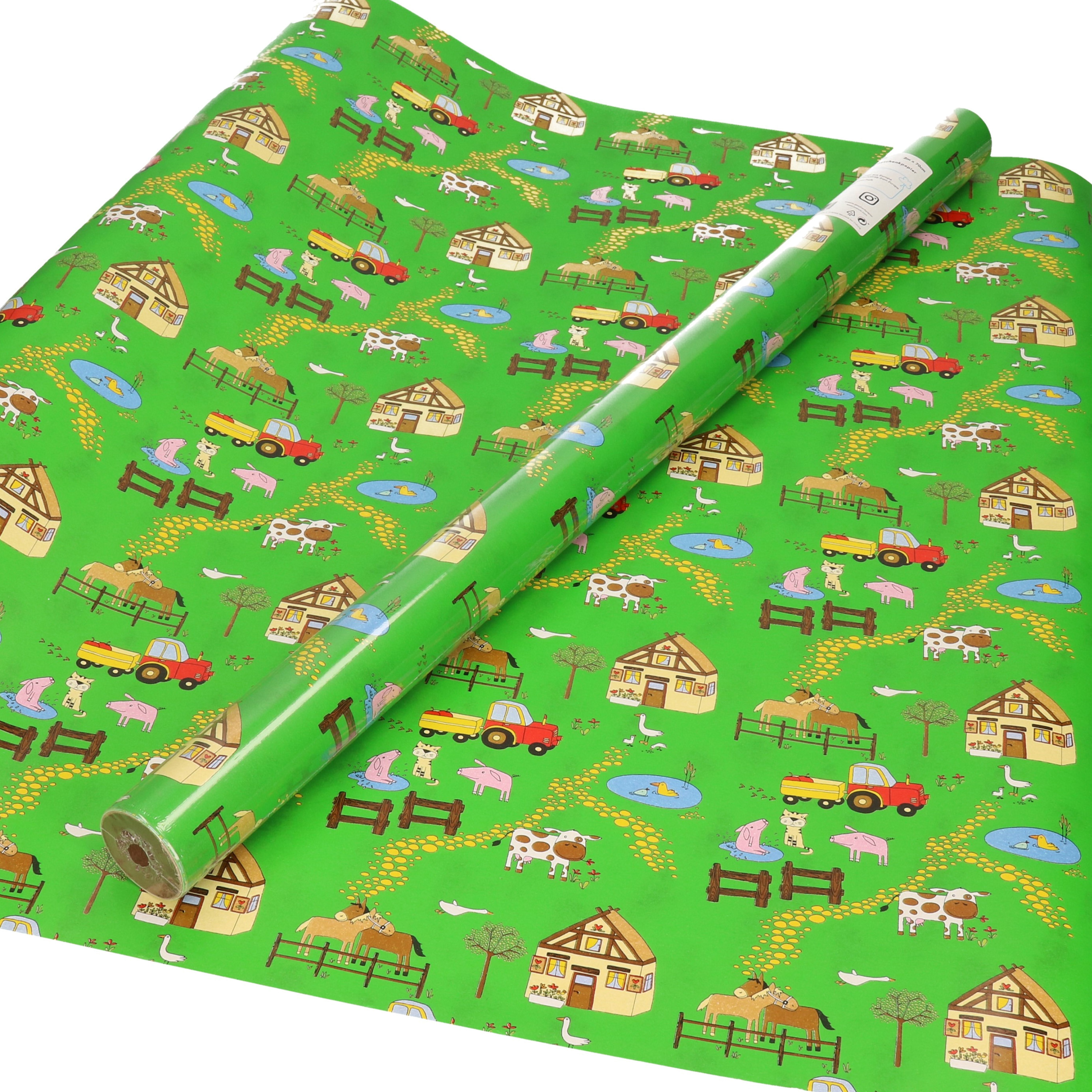 1x Inpakpapier - cadeaupapier groen met boerderij thema 200 x 70 cm