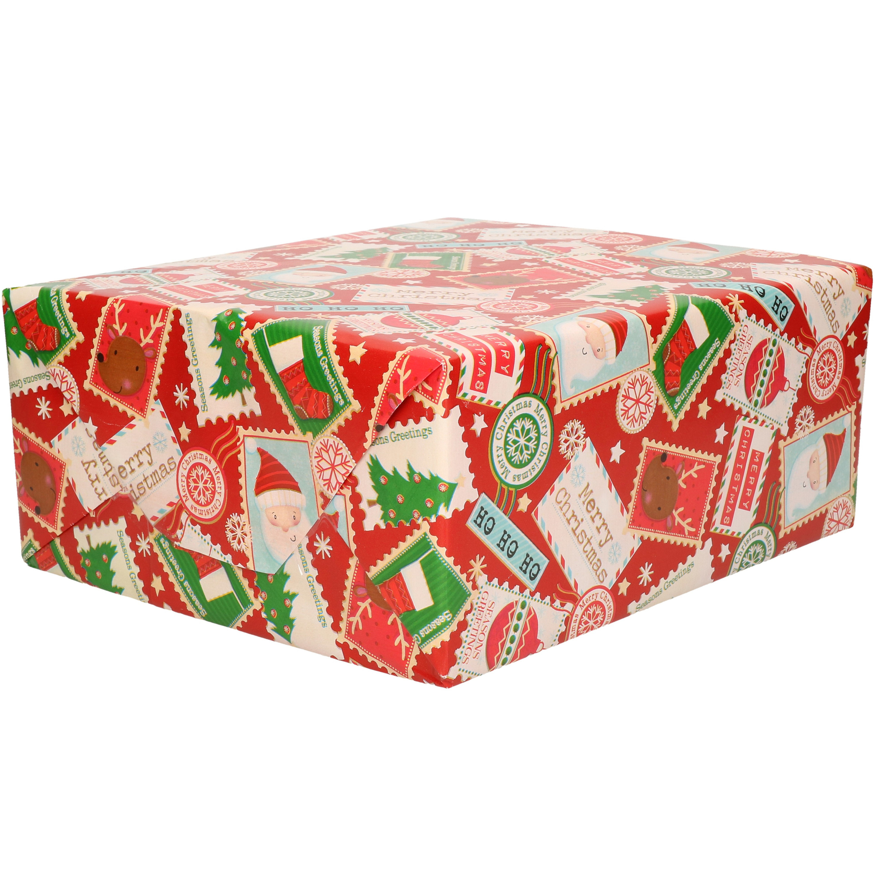 1x Rollen Kerst cadeaupapier rood met postzegels 70 x 200 cm