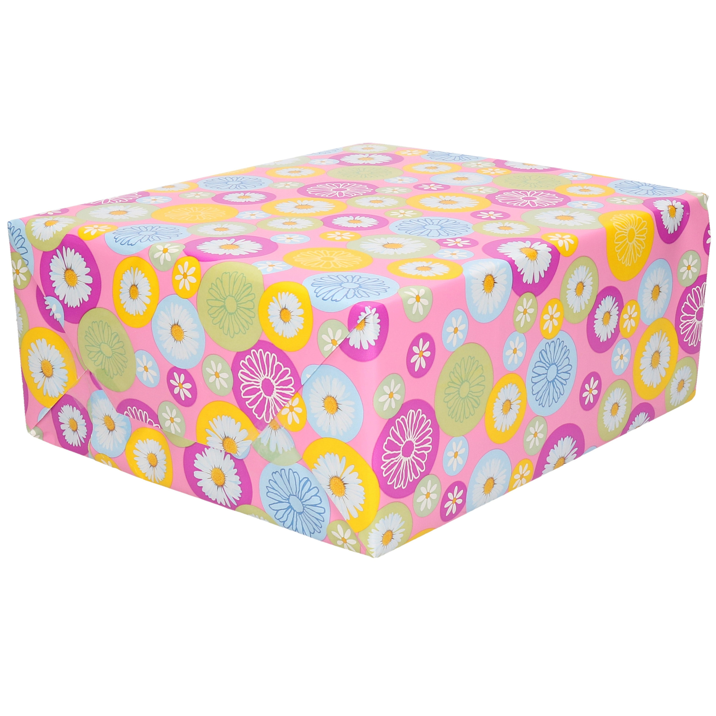 1x Rollen verjaardag kadopapier roze met madeliefjes / margrietjes 200 x 70 cm / cadeaupapier