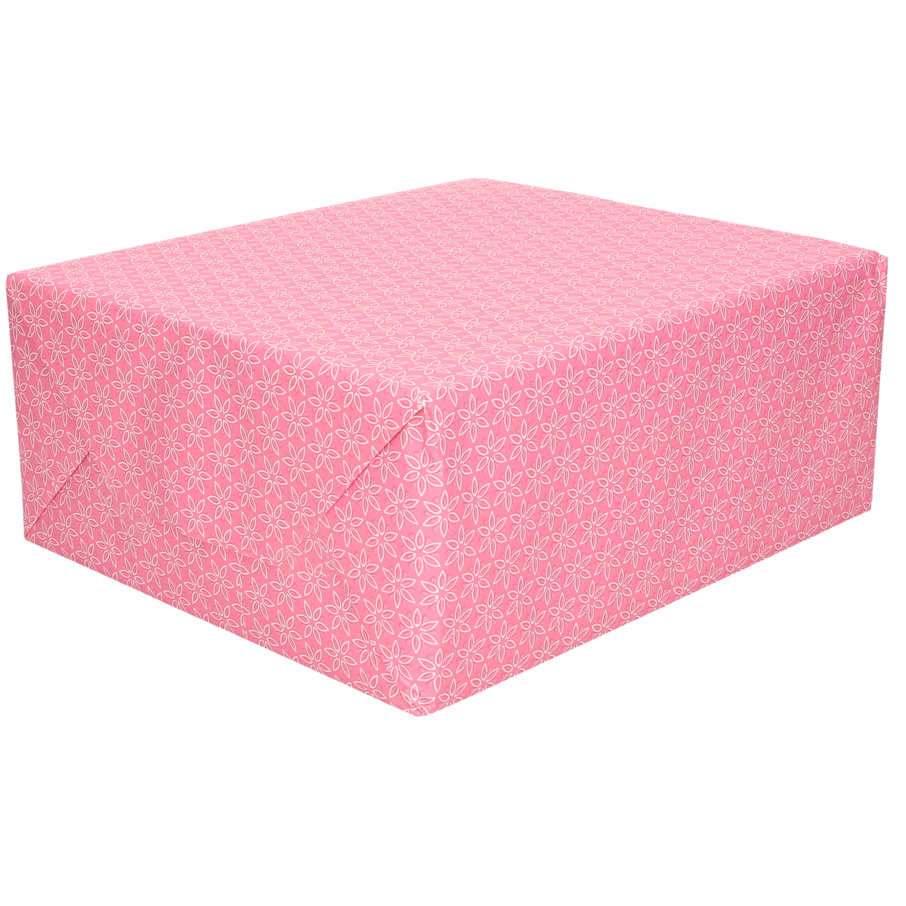 1x Rollen verjaardag kadopapier roze met witte bloemetjes 200 x 70 cm / cadeaupapier