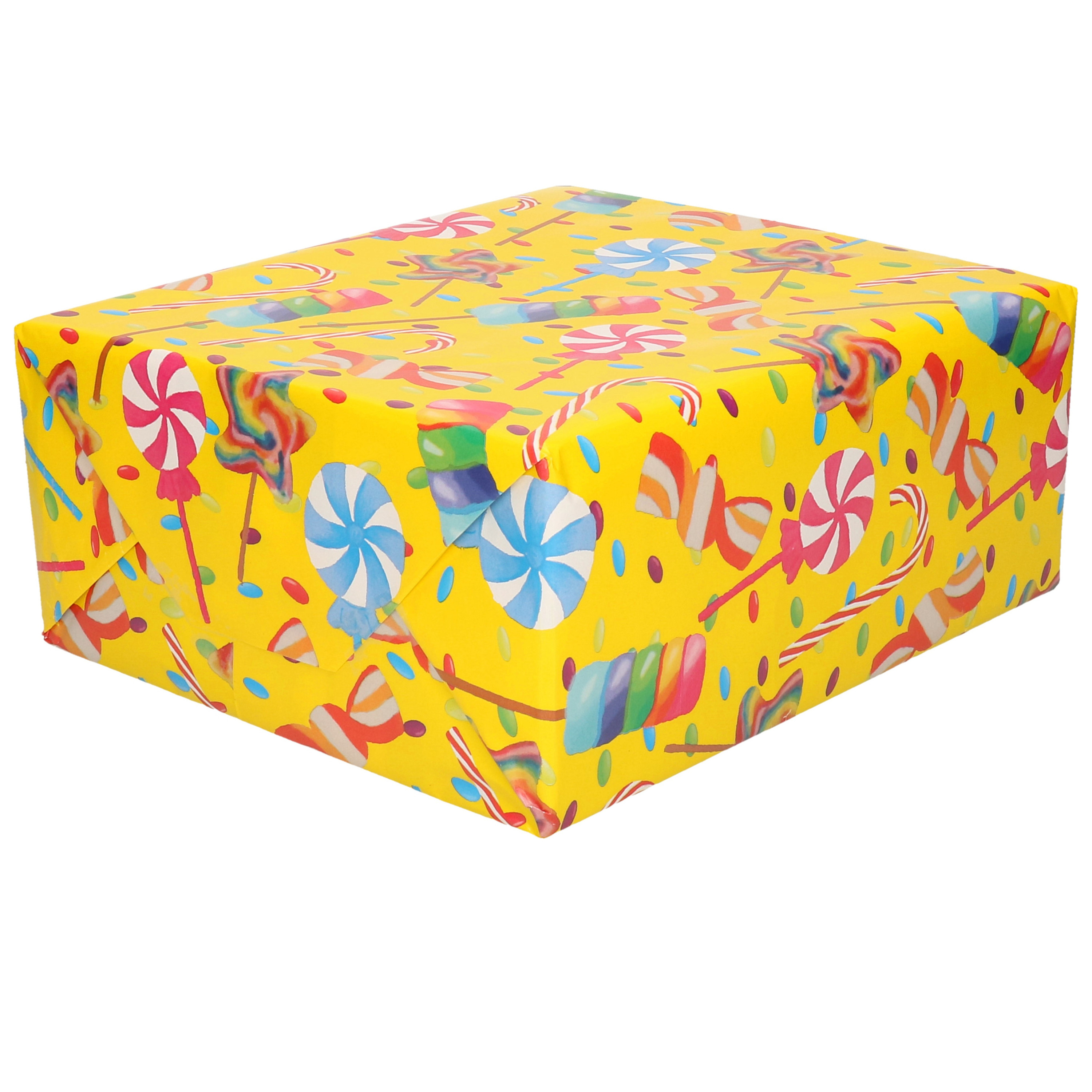1x Verjaardagscadeau inpakpapier geel / gekleurde lollies70 x 200 cm op rol
