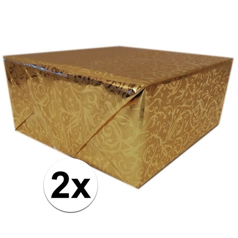2x Cadeaupapier goud metallic met klassieke print 150 cm per rol