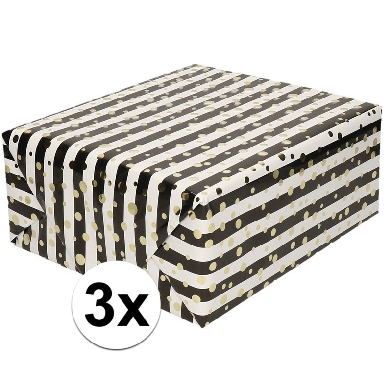 3x Cadeaupapier gemetaliseerd wit en zwart gestreept met gouden stippen, 150 cm per rol