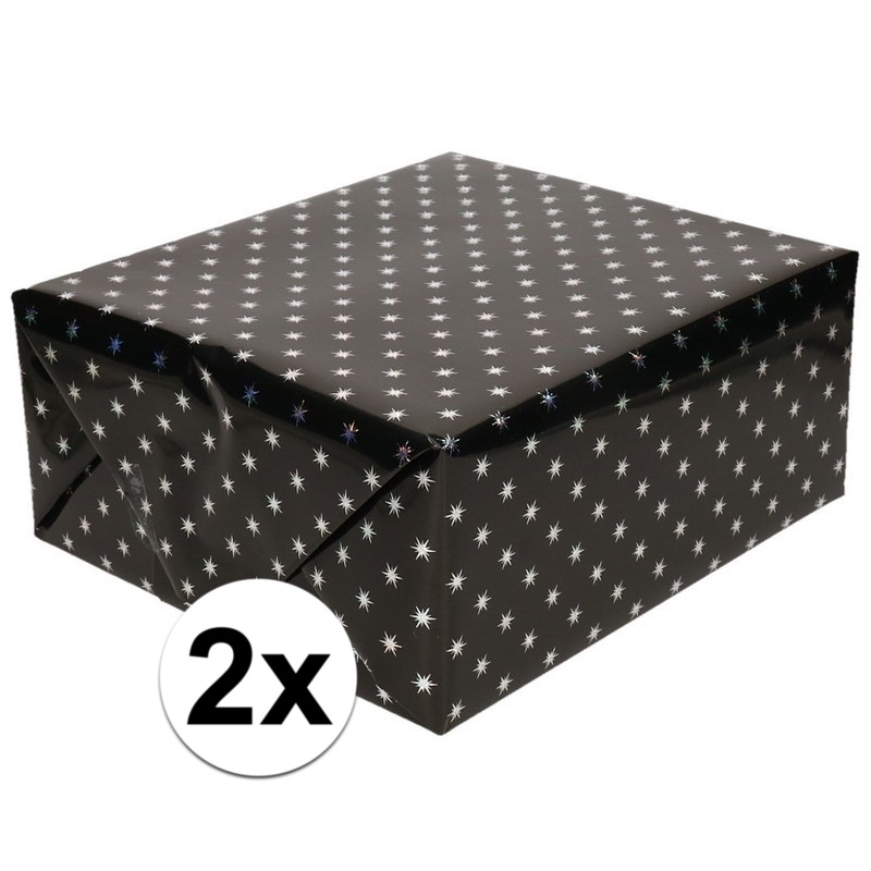 3x Cadeaupapier holografisch zwart met zilveren sterretjes print 150 cm per rol