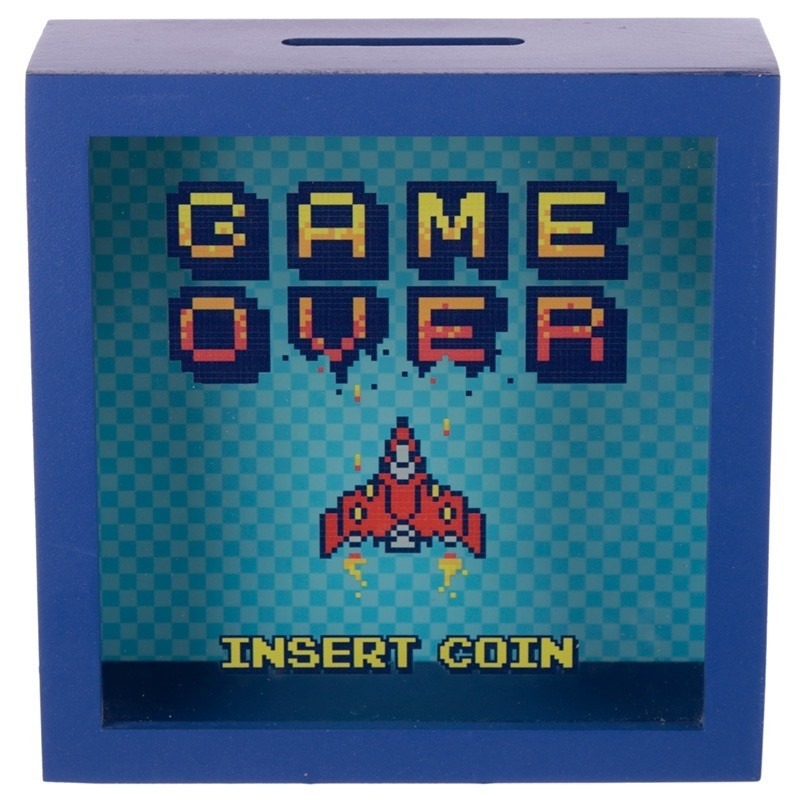 Blauwe spaarpot met raam Game Over Insert Coin 18x18 cm
