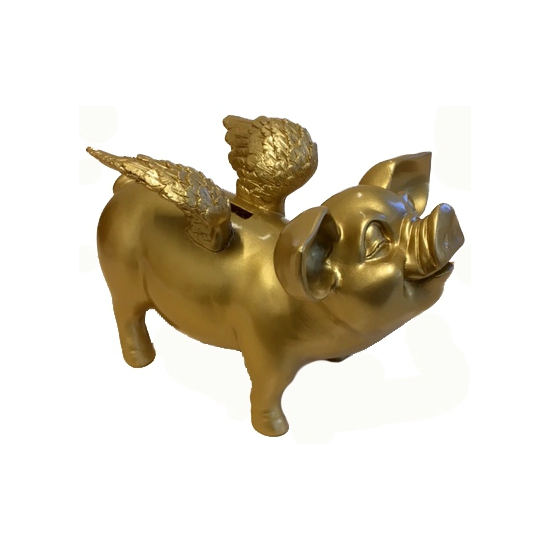 Goud spaarpot varken met vleugels 25 cm