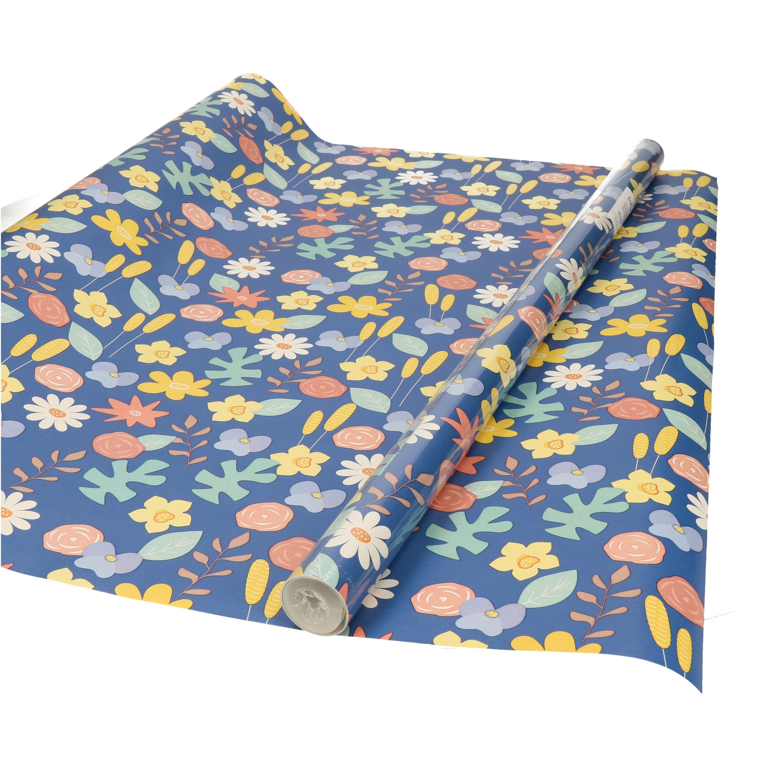 Inpakpapier/cadeaupapier - blauw met gekleurde bloemen design - 200 x 70 cm