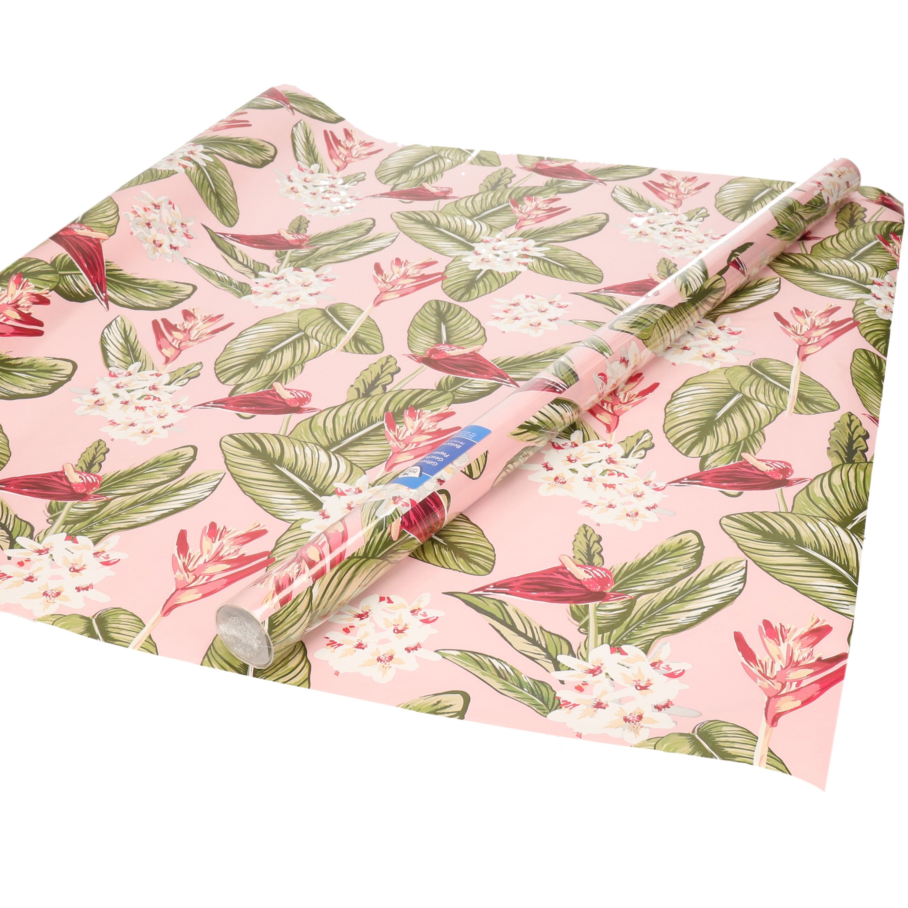 Inpakpapier/cadeaupapier roze met grote bloemen/bladeren design 200 x 70 cm