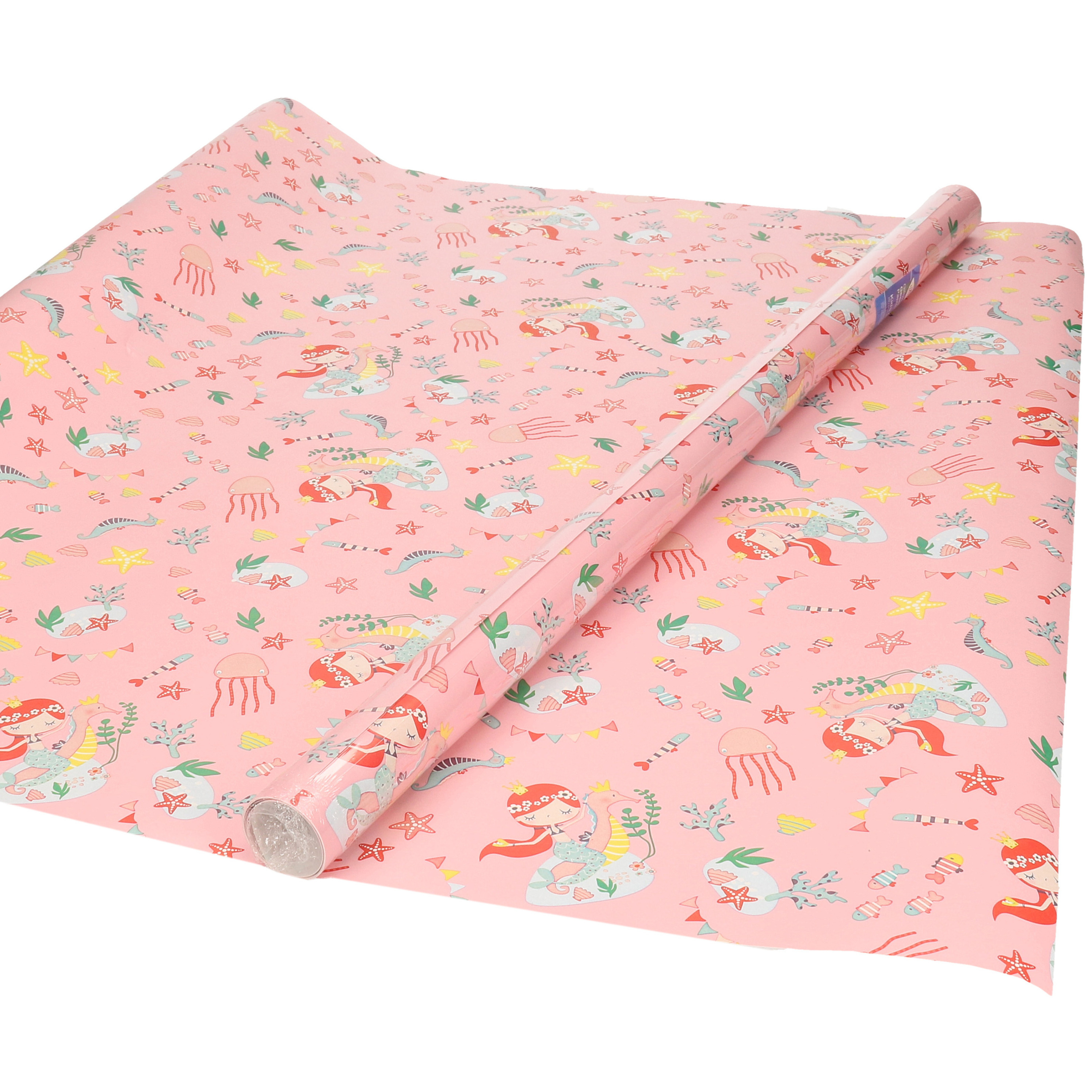 Inpakpapier/cadeaupapier roze met zeemeermin print 200 x 70 cm rol