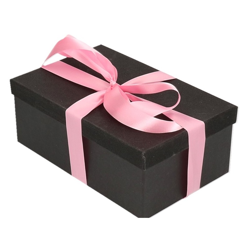 Kado doosje zwart glitter 24 cm en roze kadolint