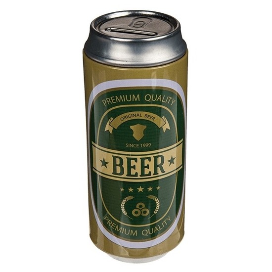 Out of the Blue Spaarpot blikje Bier/Beer - metaal - groen/goud - Drank thema - 16 cm