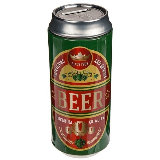 Out of the Blue Spaarpot blikje Bier Beer metaal groen rood Drank thema 16 cm