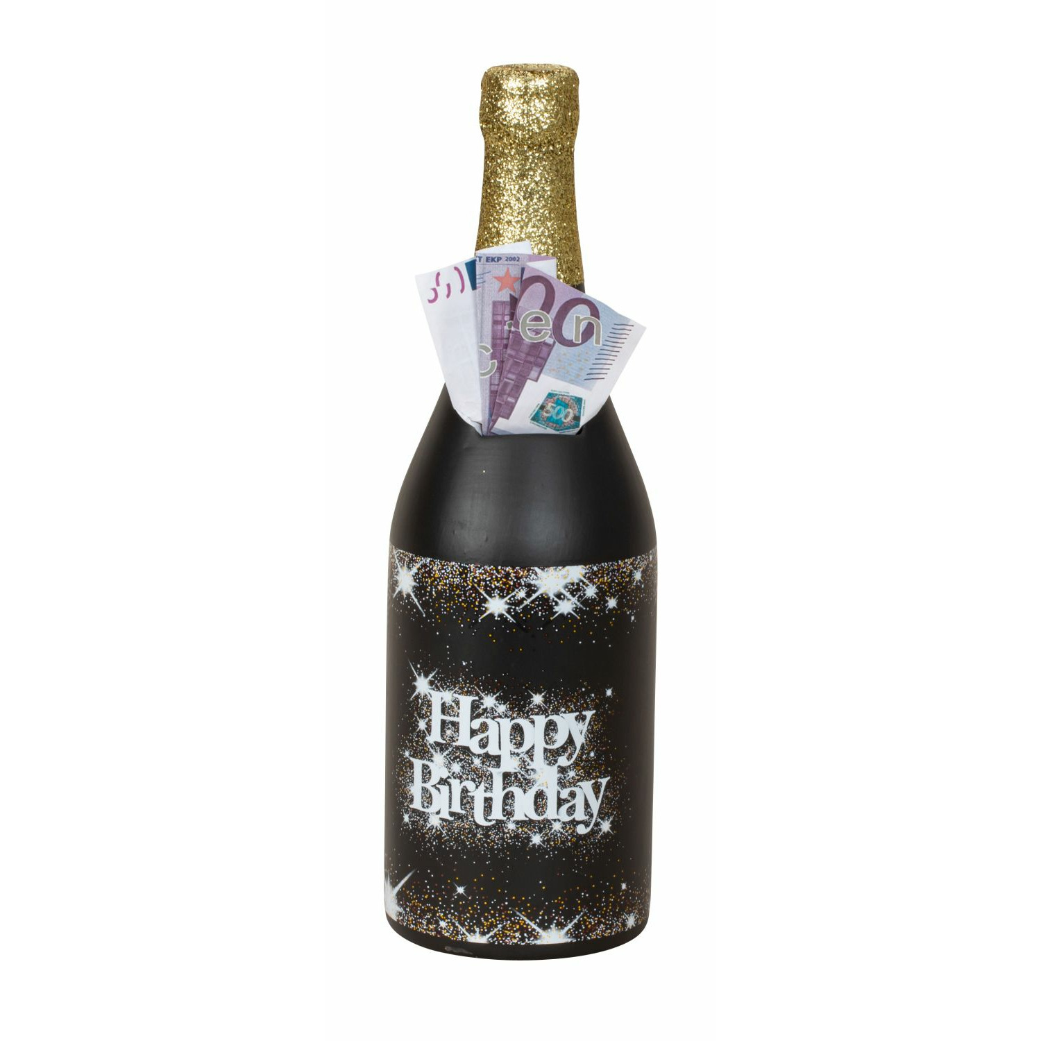 Spaarpot voor volwassenen wijnfles champagnefles Happy Birthday H31 x B10 cm
