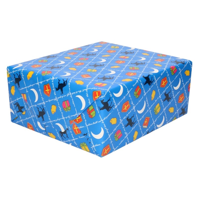 XL Inpakpapier/cadeaupapier Sinterklaas print blauw 2,5 x 0,7 meter 70 gram luxe kwaliteit