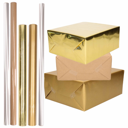 12x Rolls kraft wrapping paper gold/transparant pack - cellophane/brown/gold 500 x 70 cm cm - 400 x 