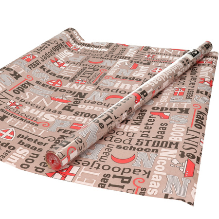 1x Rollen inpakpapier/cadeaupapier Sinterklaas print taupe/rood 2,5 x 0,7 meter 70 grams luxe kwaliteit
