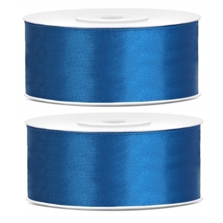 2x Kobalt blauwe satijnlinten op rol 2,5 cm x 25 meter cadeaulint verpakkingsmateriaal