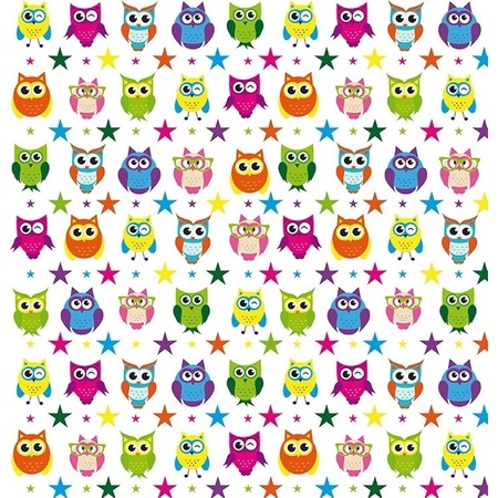 3x Wrapping paper white with coloured owls 70 x200 cm