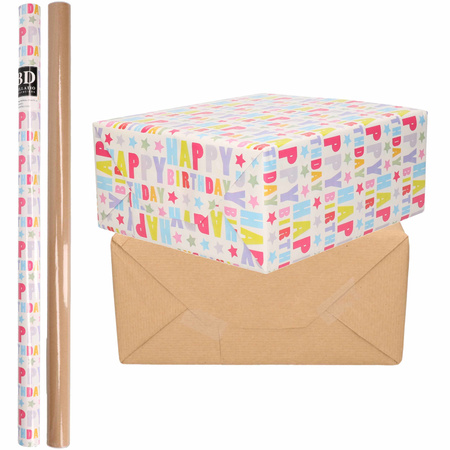 4x Rolls kraft wrapping paper happy birthday pack - brown 200 x 70 cm