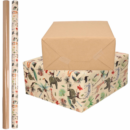 4x Rolls kraft wrapping paper jungle/wilderness pack - brown/animal design 200 x 70 cm