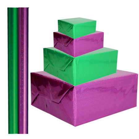 4x stuks rollen Holografische metallic hobbyfolie/cadeaupapier 70 x 150 cm paars en groen