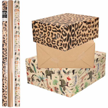6x Rolls kraft wrapping paper jungle/panther pack - brown/animal/leopard design 200 x 70 cm