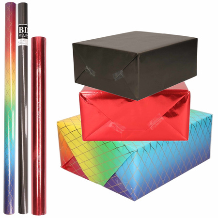 6x Rollen kraft inpakpapier regenboog pakket - regenboog/metallic rood/zwart 200 x 70/50 cm