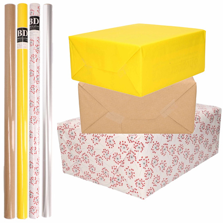 8x Rollen transparant folie/inpakpapier pakket - geel/bruin/wit met hartjes 200 x 70 cm