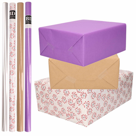 8x Rolls transparant foil/wrapping paper pack brown/purple/white with hearts 200 x 70 cm