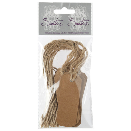 Gift tags kraft with cord - set 12x pieces - brown/natural - 3 x 8 cm - name holder