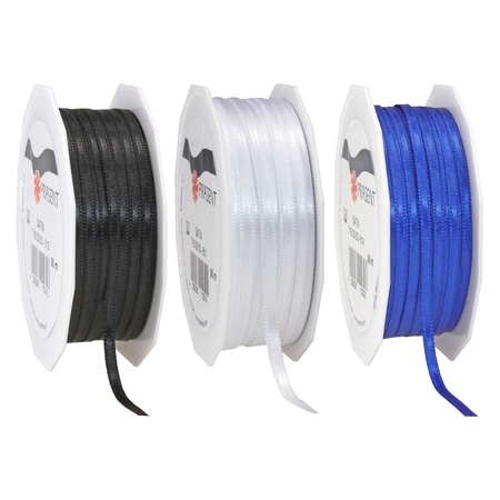 Gift deco ribbons set 3x rolls - black/blue/white - 3 mm x 50 meters - hobby/decoration/presents