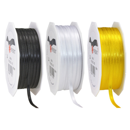 Gift deco ribbons set 3x rolls - black/yellow/white - 3 mm x 50 meters - hobby/decoration/presents