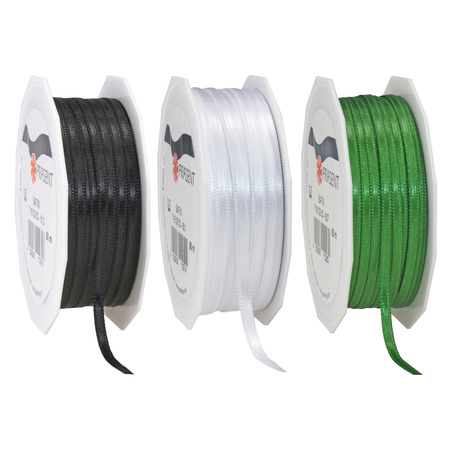 Gift deco ribbons set 3x rolls - black/green/white - 3 mm x 50 meters - hobby/decoration/presents