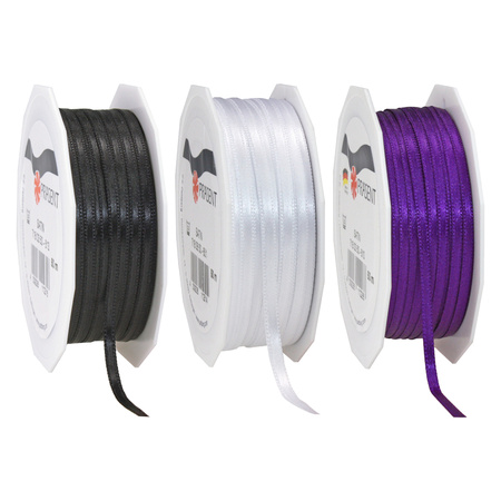 Gift deco ribbons set 3x rolls - black/purple/white - 3 mm x 50 meters - hobby/decoration/presents