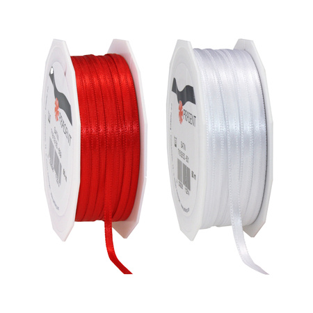 Gift deco ribbons set 2x rolls - white/red - 3 mm x 50 meters - hobby/decoration/presents