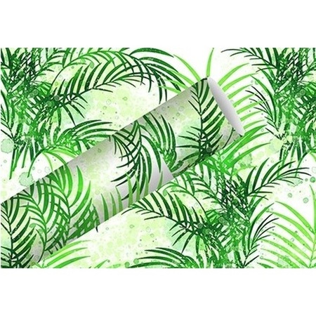 Verjaardag kadopapier wit met groene palmbomen/palmbladeren print 200 x 70 cm