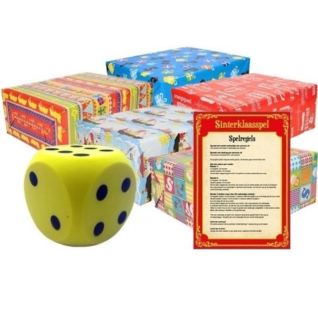 Saint Nicholas game with yellow dice and 5x wrapping paper rolls