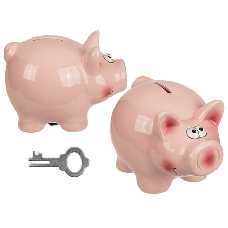 Money bank Piggy with key - ceramic - pink - 15 x 11 cm
