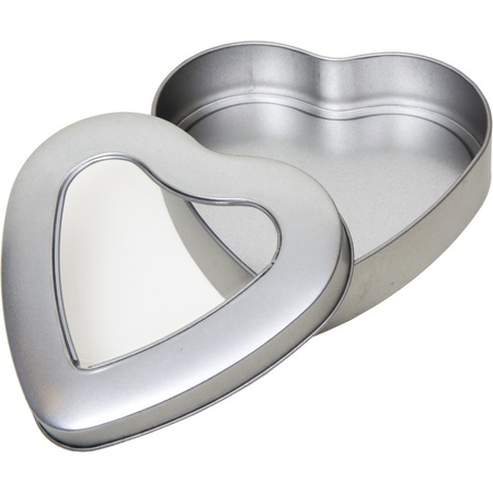 Zilver hart bewaarblik/opbergblik 13 cm met doorzichtig venster
