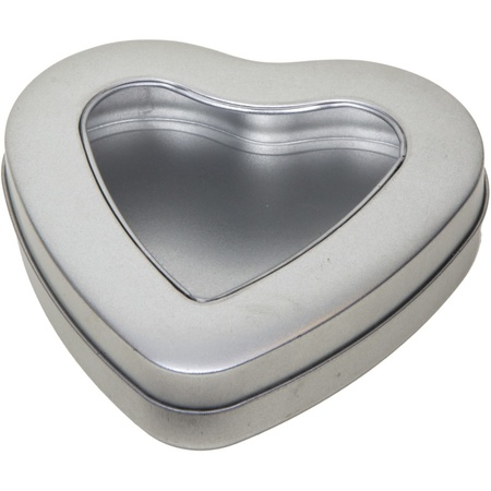Zilver hart bewaarblik/opbergblik 13 cm met doorzichtig venster